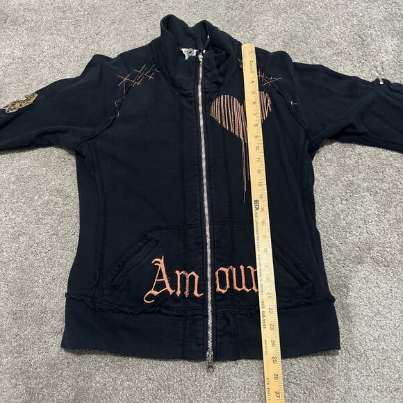 JWLA Johnny Was Black Chain Stitch AMOUR Lion Y2K Zip Sweatshirt Size Small - Picture 12 of 12